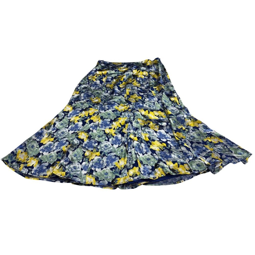 White House Black Market Floral Midi Skirt Womens Size 12 Blue Yellow Silk Linin